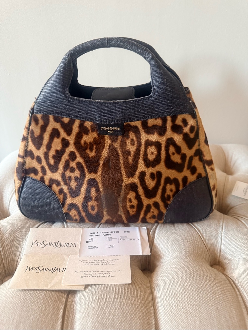 Rare Vintage YSL Rive Gauche Leopard Calf Hair Satchel Bag Full Set